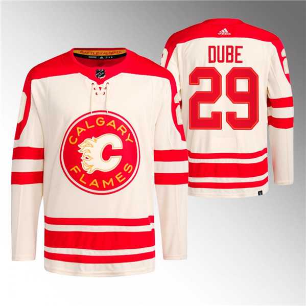 Mens Calgary Flames #29 Dillon Dube 2023 Cream Classic Primegreen Stitched Jersey Dzhi